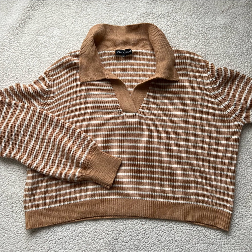 Embossed Striped Collared Knit Sweater